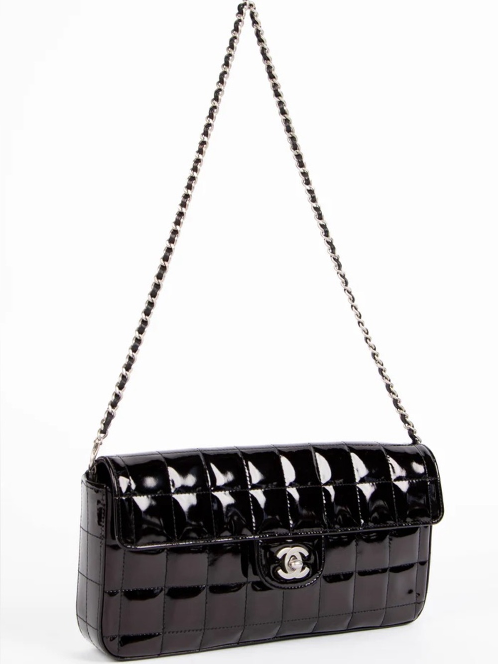CHANEL Black Patent Quilted Chocolate Bar Shoulder Bag